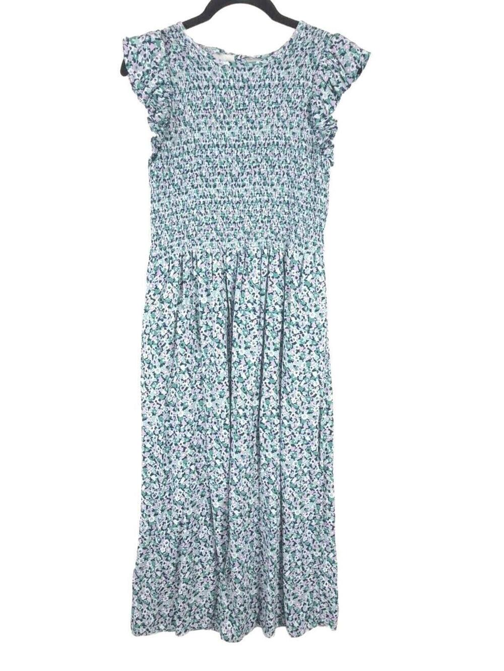 A New Day Smocked Floral Midi Dress Blue Green Purple Ruffle Flutter Sleeve XS